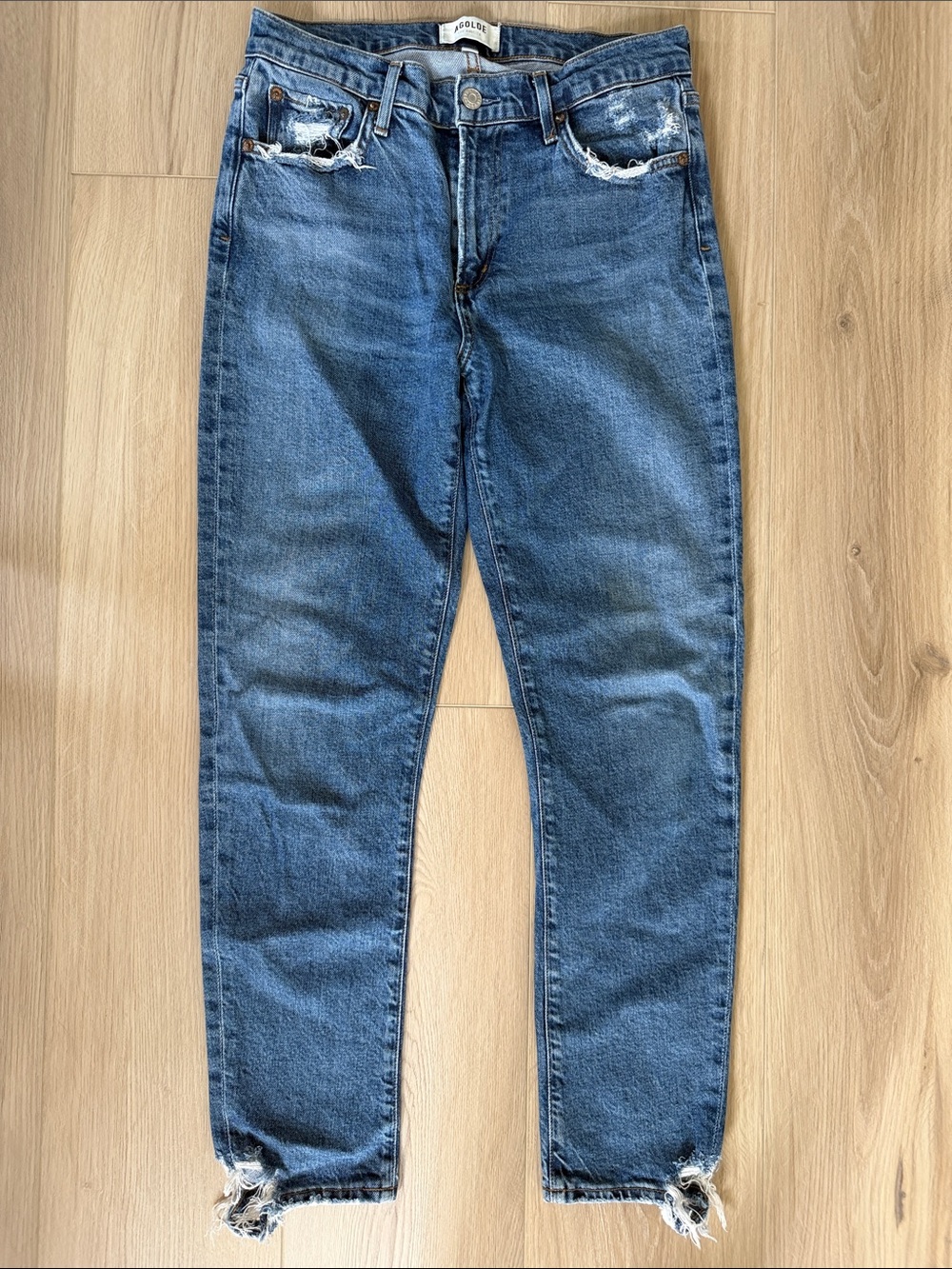 Agolde Medium Blue Distressed Straight-Leg Jeans